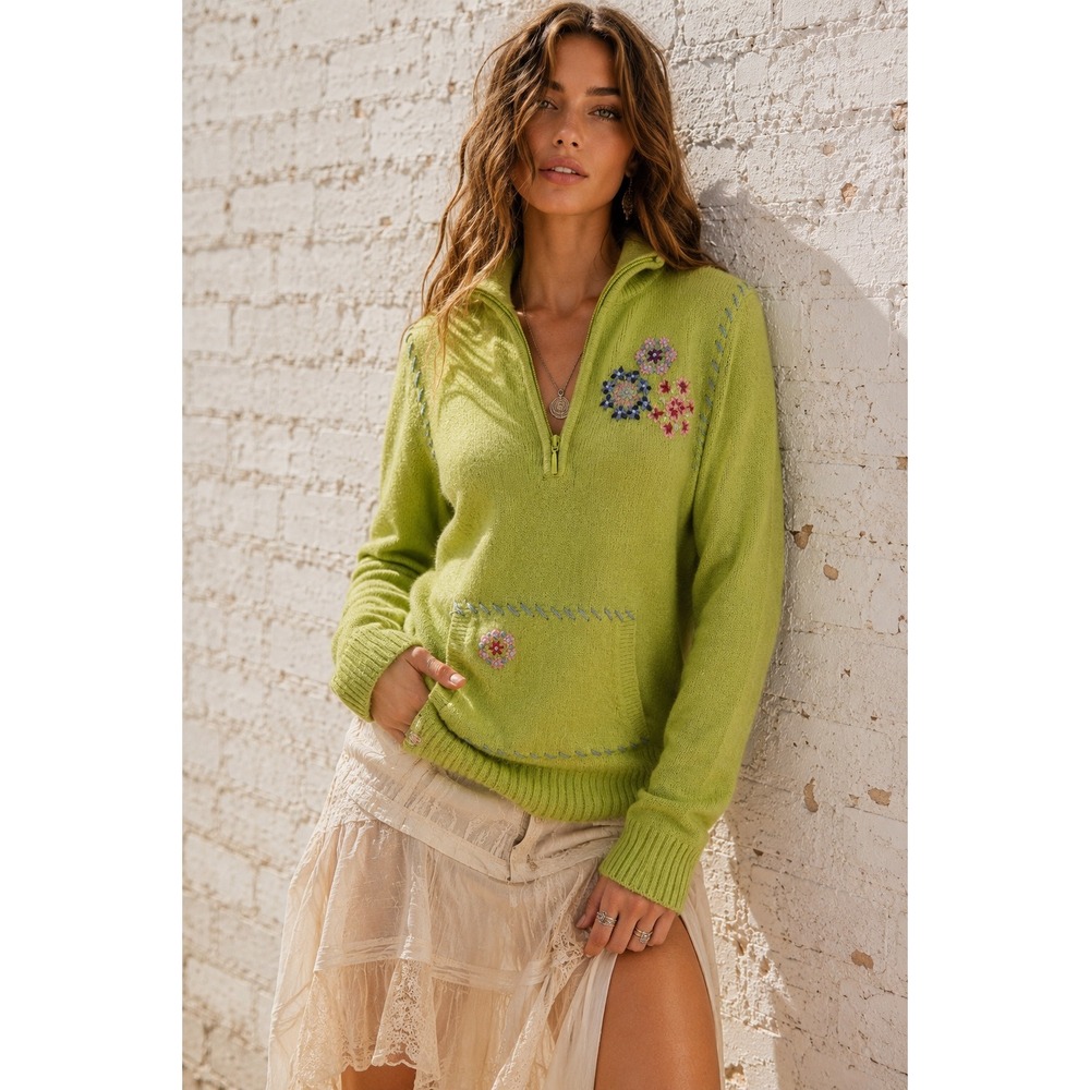 Vintage White Stag Lime Green Acrylic Quarter Zip Floral Sweater Cottagecore S